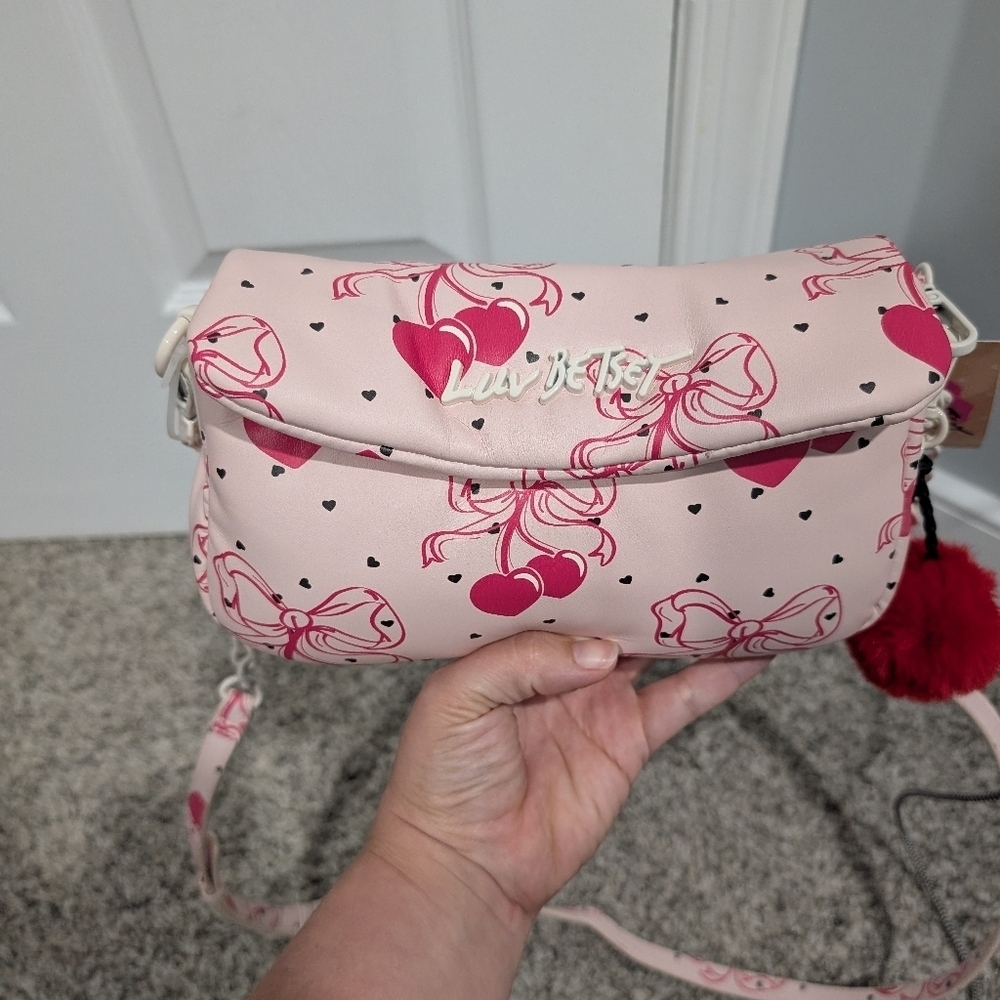 NWT Luv Betsey Pink Bow Cherries Black Hearts Crossbody Purse W/ Cherry Pompoms - Picture 10 of 10